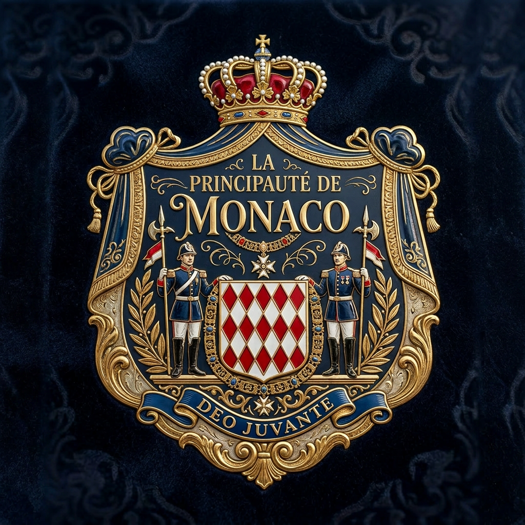 Coat of arms of Monaco with two guards, crown, and motto Deo Juvante